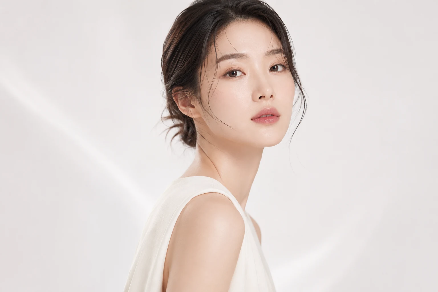 Cosmetics campaign model against a soft white backdrop