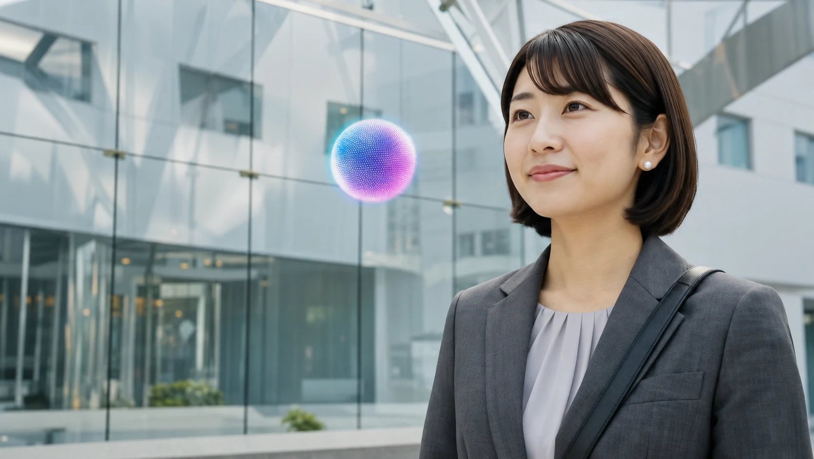AI-generated character with a luminous digital assistant orb outside a glass building
